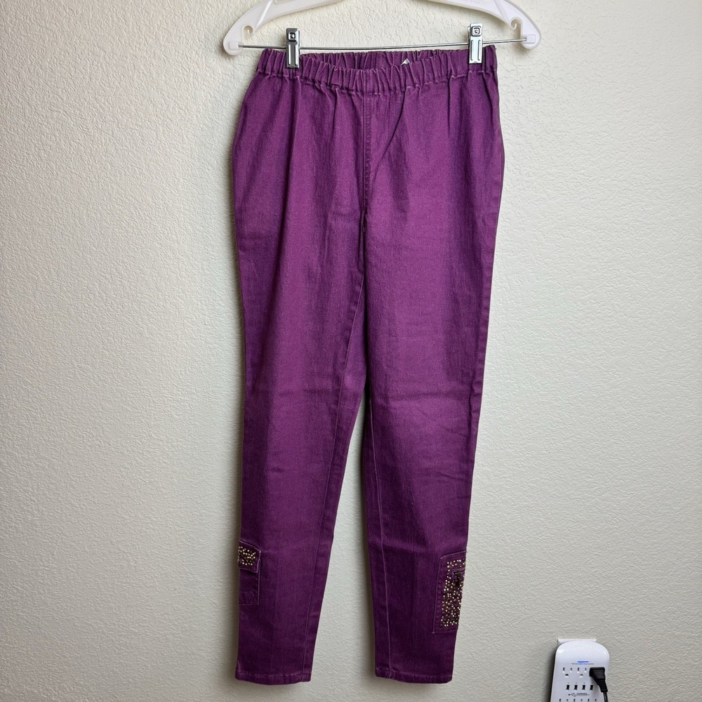 DG2 Diane Gilman Pants XS Women Purple Studded Leg Pocket Stretch Pull On Skinny